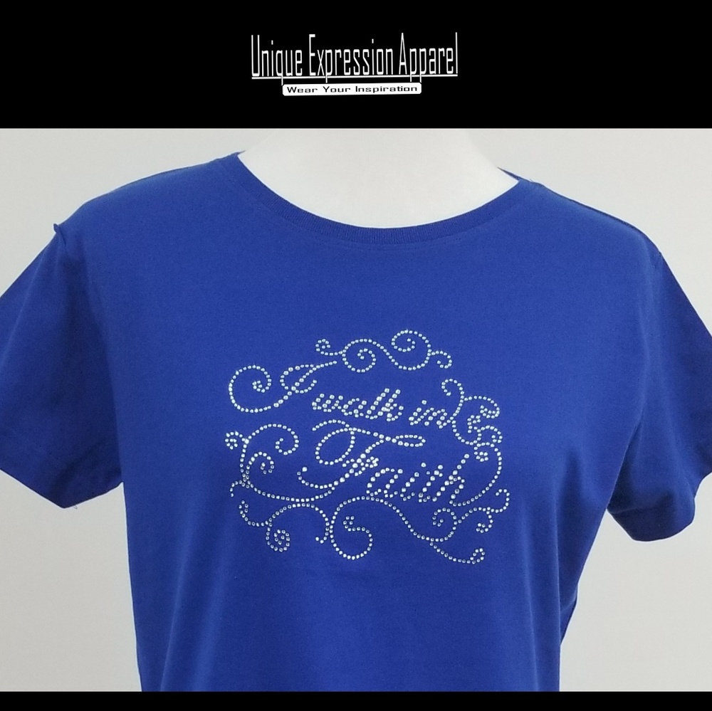 "I walk in Faith" dressy blue graphic tee